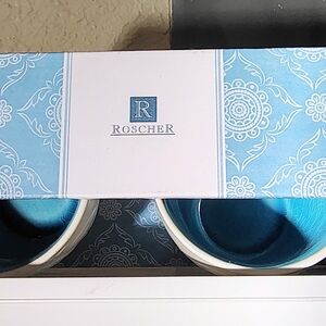 ROSCHER MUGS Set Of 2 Turquoise/Teal Crackle Flower Design New In Box Boho Style